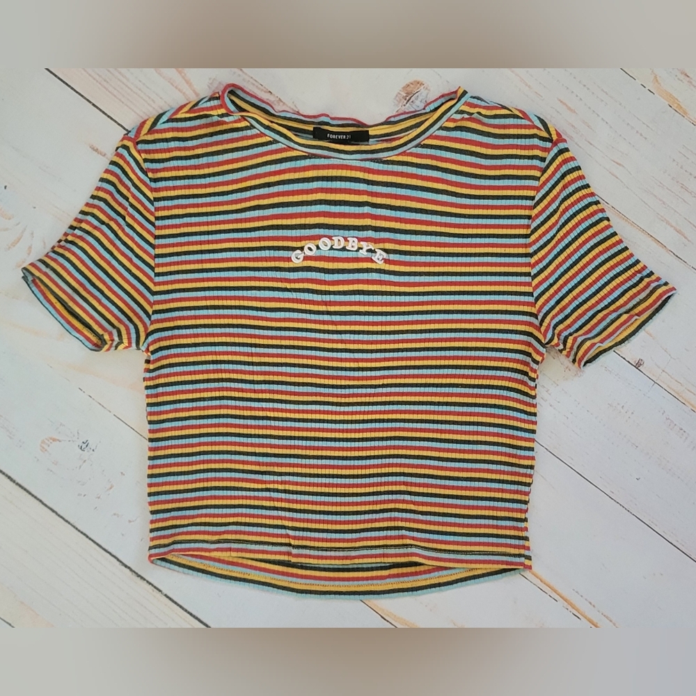 Forever 21 Goodbye Embroidered Striped Short Sleeve Crop Top